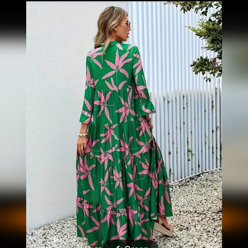 Eye catching green and pink print lightweight tiered maxi with 3/4 sleeves - Picture 4 of 5